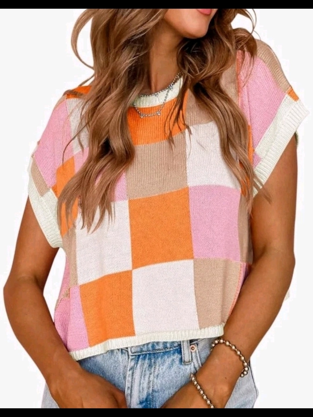 Colorblock Knit Crop Top in Pink, Orange & Cream